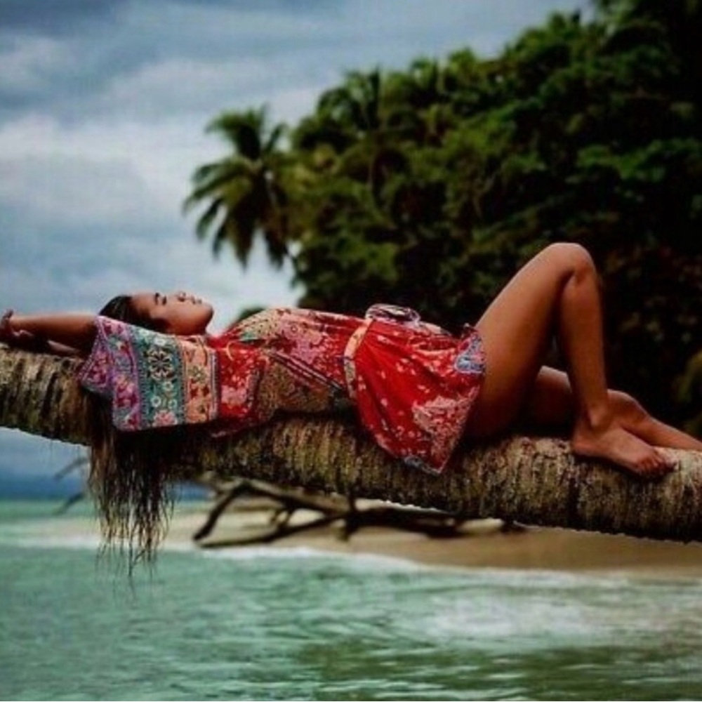 Spell Red Multicolor Floral Boho Short Jumpsuit - Picture 3 of 12